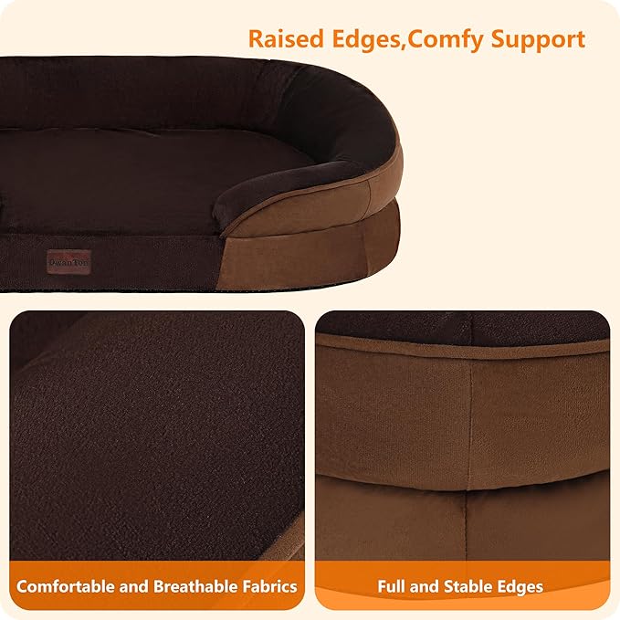 Dwanton Orthopedic Dog Bed for Medium Dogs with Gel Memory Foam, Waterproof Dog Sofa, Washable Pet Bed with Four Sided Bolster Cushion, Removable Cover & Non-Slip Bottom, 28", Brown