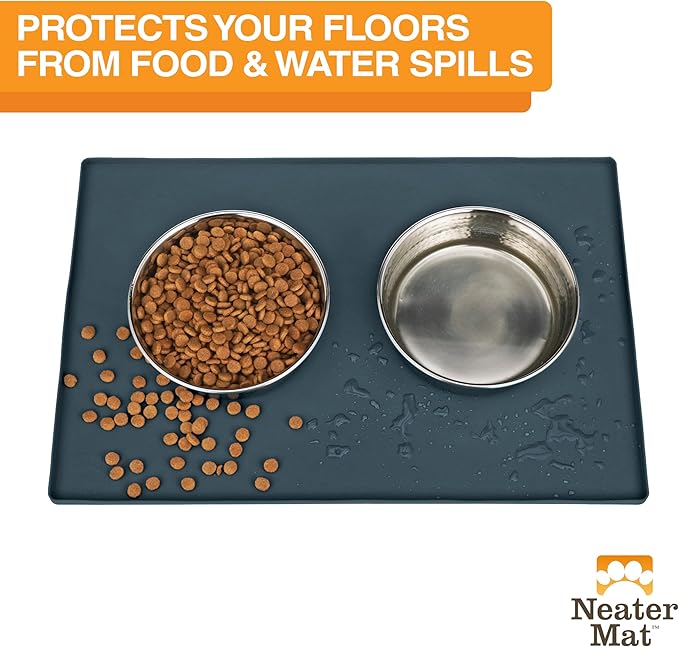 Neater Pet Brands Neater Mat Pet Mats for Food and Water, Cat & Dog Bowl Mat Waterproof Silicone, Feeding Tray, Dog Food Mats for Floors, Placemat w/Raised Edge for Under Bowls, 32" x 24", Slate Blue