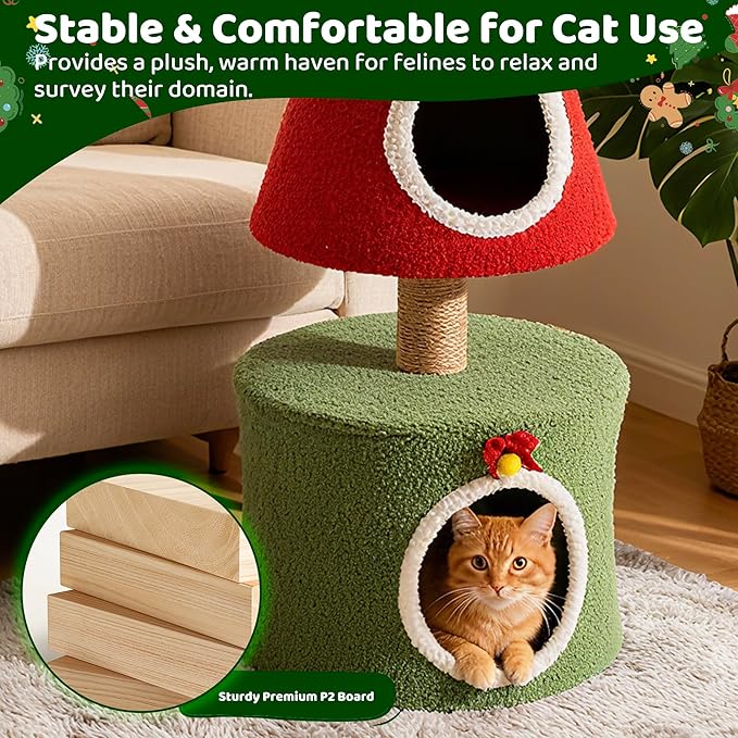 COSIEST 40in Tall Christmas Cat Tree Tower for Cats, Multi-Level Cat Tree House with Sisal Scratching Posts, Unique Kitty Condo & Kittens Play Activity Center for Christmas Decor, Red & Green