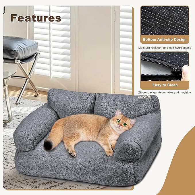 Large Cat Beds for Indoor Cats, Dog Couch Bed, Cute Cat Couch Sofas for Less 20lbs Kitten Puppy, Small Dog Sofas & Chairs with Removable Washable Cover, Soft Warm Pet Furniture, Gray