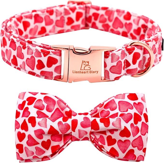 Lionheart glory Dog Collar with Bowtie Valentine's Day Dog Collar for Small Dogs, Hearts Pattern, Handmade Bow, Unique Design, Cotton Material, Adjustable Size, Perfect for Small Dogs