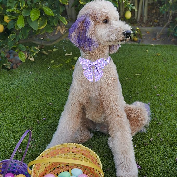 MR. CHUBBYFACE Easter Dog Collar, Purple Rabbit Puppy Collar with Flower, Adjustable Pet Collar Bowtie for Small Medium Large Dogs