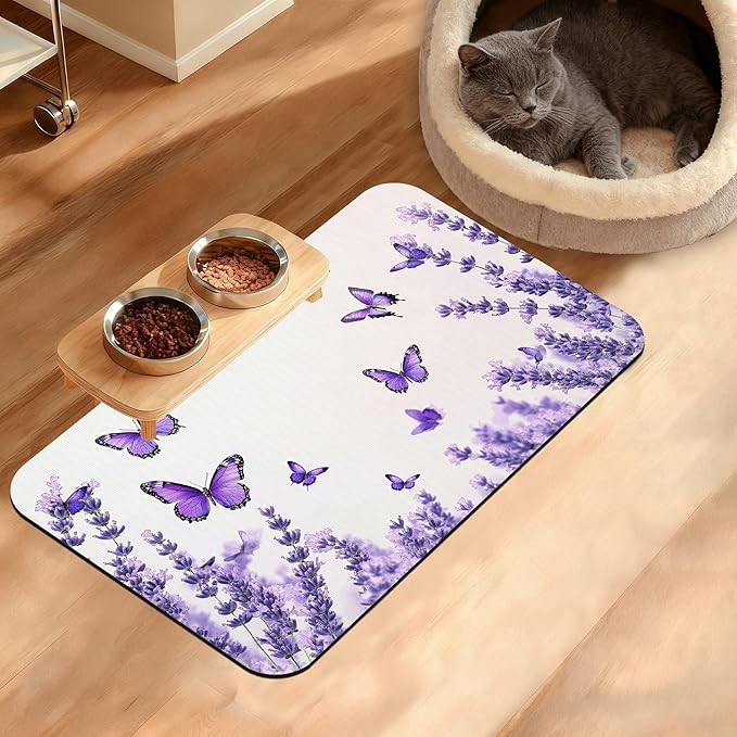 Pet Feeding Mat,Lavender Butterfly Absorbent Dog Cat Food Mat Purple Dog Mat with Rubber Backing,Non-Slip Water Bowl Placemat,Pet Supplies 12" x 20"