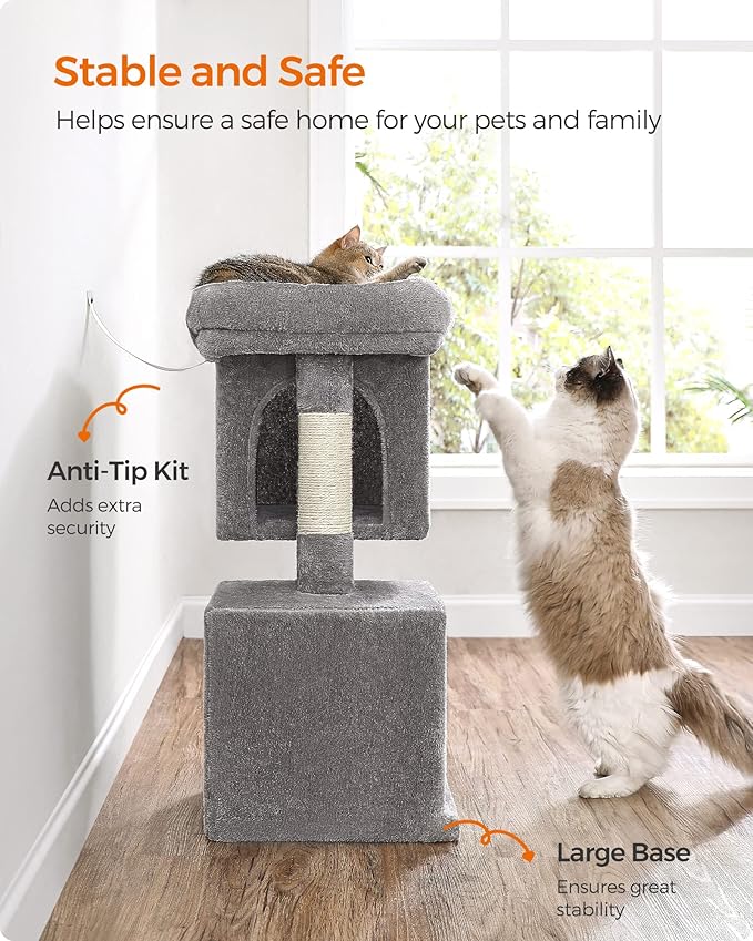 Feandrea Cat Tree, 29.1-Inch Cat Tower, Plush Condo for Medium Cats up to 11 lb, Large Perch, 2 Caves, Scratching Post, Light Gray UPCT612W01