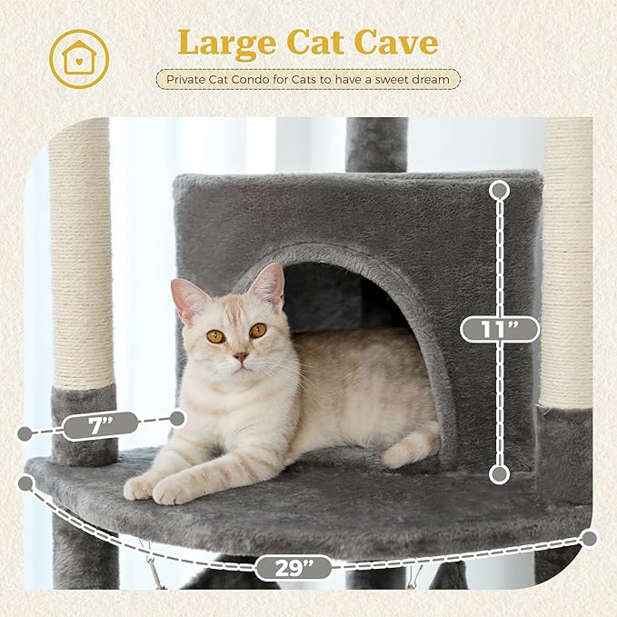 PETEPELA Floor to Ceiling Cat Tree, 92.9''-101.6''Height Adjustable Cat Tower Tall Cat Climbing Play House, Cozy Condo, Scratching Post and Spacious Hammock for Indoor Cats Large Adult, Gray