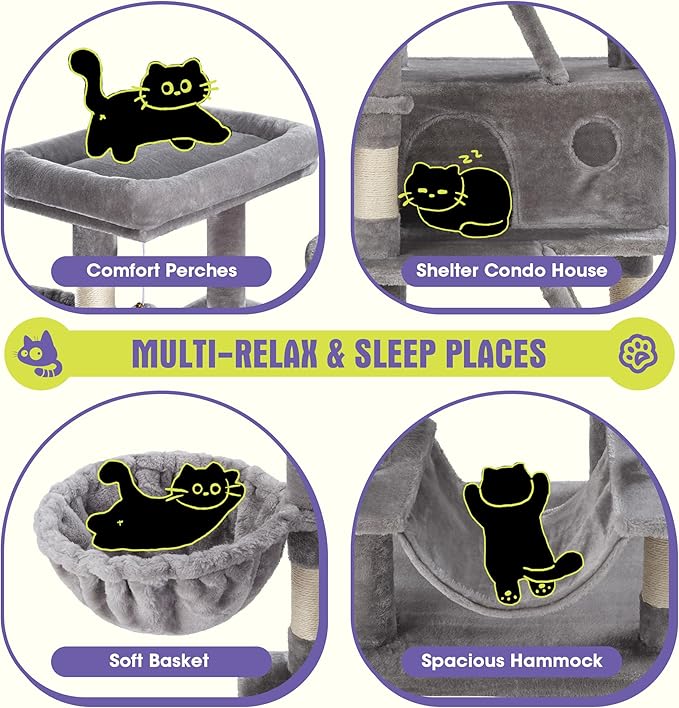 WEEWAY Cat Tree Tower for Indoor Cats,65'' Multi-Level Cat Furniture Activity Center,Stand House Condo Cave,Sisal Scratching Posts Ramps,Plush Perches Platforms Basket Hammock,Grey