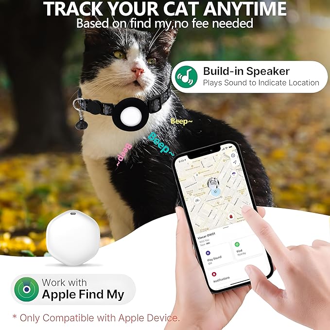 GPS Tracker for Cats, Mini GPS Pet Tracker with Collar, IP68 Waterproof Cat Trackers,No Monthly Fee,Work with Apple Find My(iOS Only),Smart Trackers for Pets(Black)