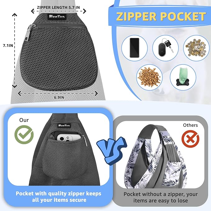 SlowTon Dog Carrier Sling - Thick Padded Shoulder Strap Adjustable Dog Carriers for Small Dogs, Puppy Carrier Purse for Pet Cat with Front Zipper Pocket Safety Belt Machine Washable (Grey Mesh S)