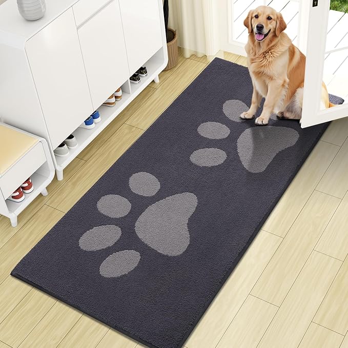 Buganda Dog Door Mat for Muddy Paws, Absorbent Dirt Trapper Washable Indoor Doormats, Non Slip Low-Profile Mud Mat for Dogs, Front Entrance Doormat for Inside Floor (47x20 Inches, Dark Grey)