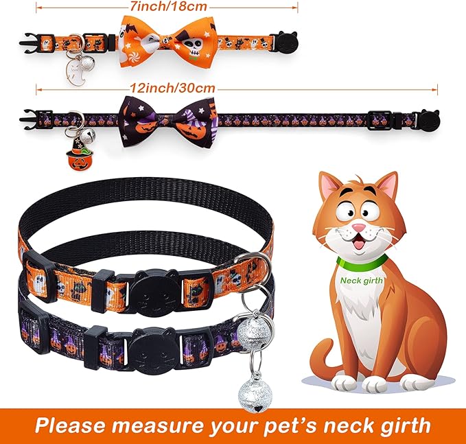 LLHK 4 Pack Halloween Cat Collar with Bow Tie and Bell,Breakaway Kitten Collar for Girl Boy Cats,Adjustable 7-12inch,for Kitty Kitten Adult Cats,Pet Supplies…