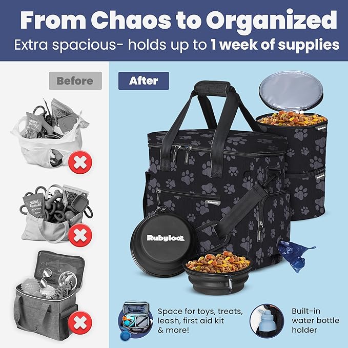 The Original Doggy Bag™ - Complete Dog Travel Bag for Supplies with 2 BPA-Free Travel Dog Bowls & 2 Pet Food Containers - Traveling Kit for Road Trips, Camping, Weekend Away or Doggy Gift: Paw Print