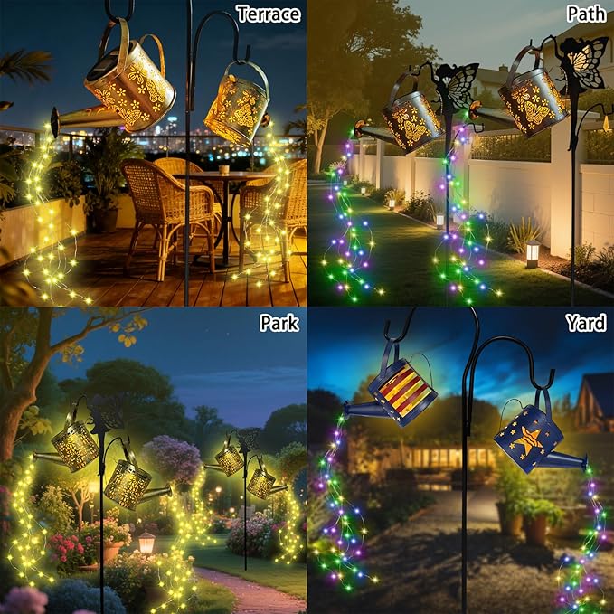 DDQ Solar Watering Can Lights, Warm White/Color LED with Shepherd Hook, IP65 Waterproof Metal Garden Decor, Auto On/Off for Patio Backyard for Mom Birthday Christmas