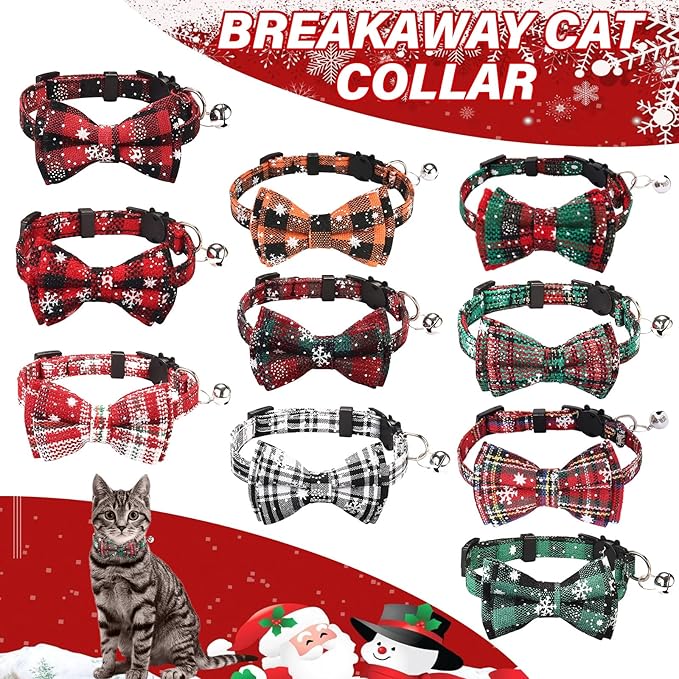 10 Pcs Christmas Cat Collar Breakaway with Bow Tie and Bell Kitten Collars Removable Bowtie Plaid Cat Collar for Cats Kittens Puppy Christmas Supplies