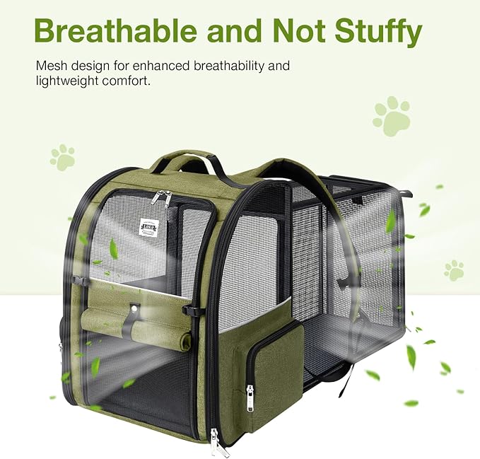 Lekebobor Large Cat Backpack Carrier Expandable Pet Carrier Backpack for Small Dogs Medium Cats Fit Up to 18 Lbs, Dog Backpack Carrier, Foldable Puppy Backpack Carrier for Travel, Hiking,Dark Green