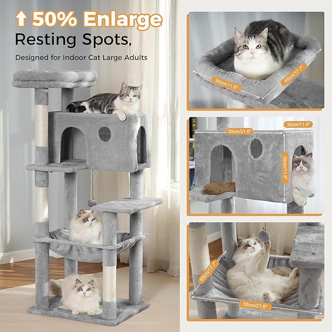 54" Cat Tree with Big Hammock 21x17” XL Cat Tower with Scratching Posts Featuring Large Top Bed, Scratcher Pad, Spacious Condo House and Detectable Ball for Indoor Cats-Large Gray