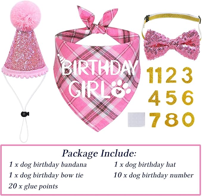 STMK Dog Birthday Outfits, Multi Size Dog Birthday Hat Dog Birthday Girl Bandana Bow Tie Birthday Numbers for Small Medium Dogs Pets (Pink, Small)