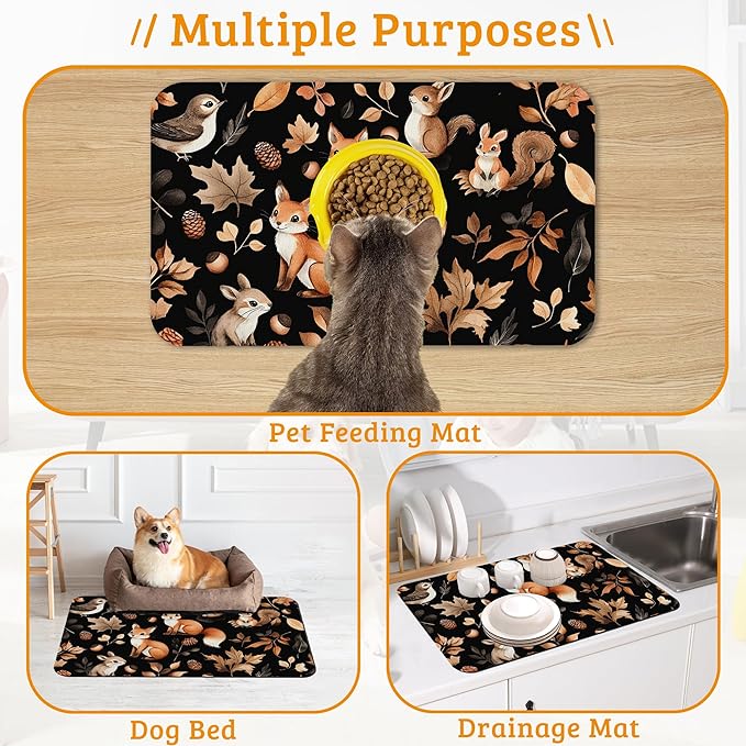 Cute Squirrel Dog Cat Food Mat,Bird Fox Absorbent Waterproof Placemat for Food and Water Non Slip Rubber Backing Durable Feeding Pad for Clean Floors 12" x 20"