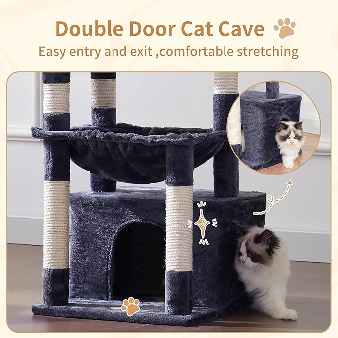 Heybly Cat Tree, Kitten Tower with Large Soft Cat Basket, Cat Condo with Spacious Cat Bed Cave with Hidden Space, Sisal-Covered Scratching Posts, Dangling Ball for Indoor Cats, Smoky Gray HCT008SG