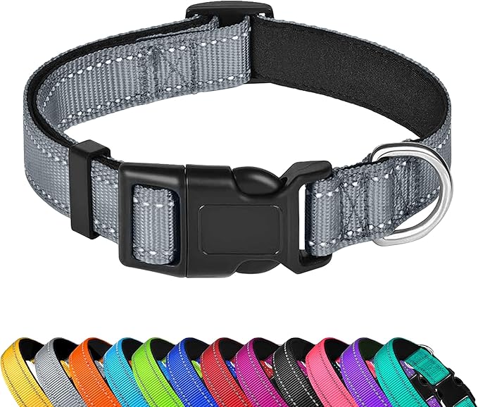 Reflective Dog Collar, Adjustable Soft Neoprene Padded Nylon Pet Collars with Buckle for Puppy and Small Dogs, Cats, Gray,XS