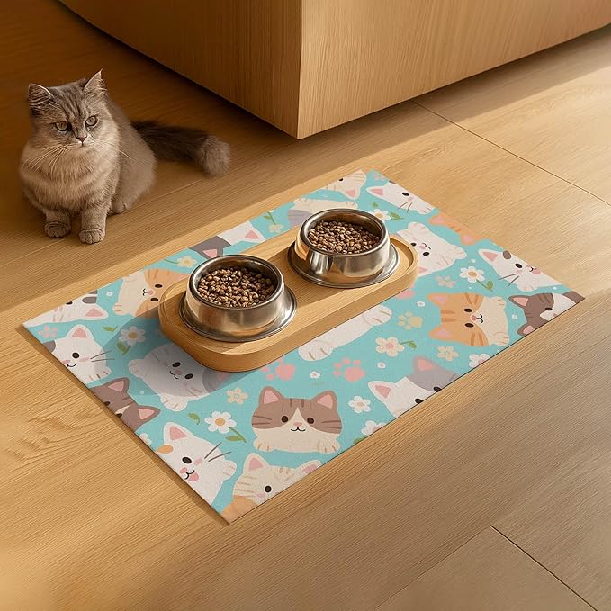Cat Feeding Mat 24x16 inch Blue Kitten Print Pet Bowl Placemat Non Slip Floor Mat for Food and Water Indoor Kitty Feeding Station Cute Meal Pad for Small Pets Kitchen Use