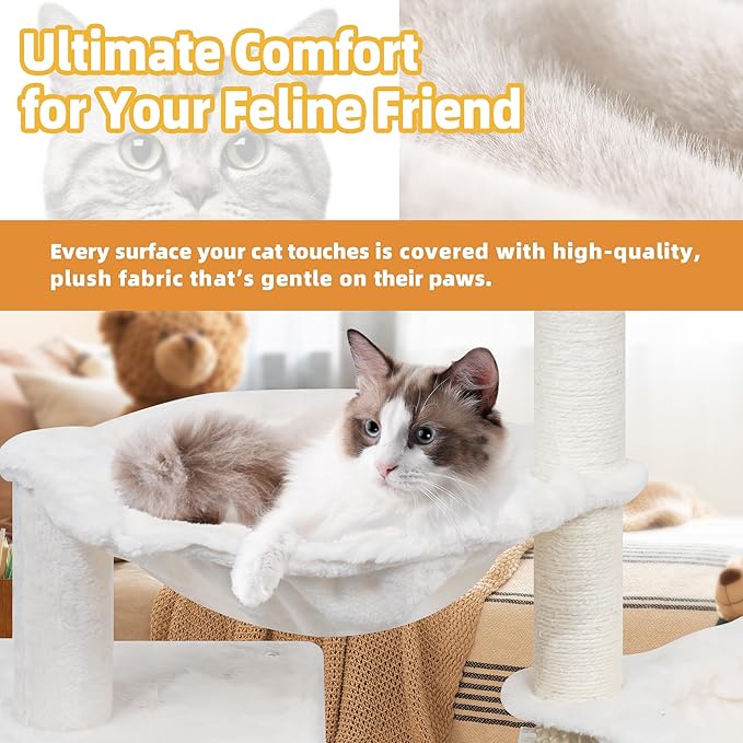 ROYPET Cat Tree with Cat Condo and Two Hammocks, Cat Tower with Scratching Posts and Scratching Pads, Beige