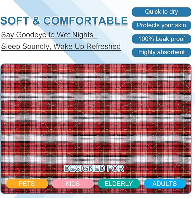 OUTCREATOR® Washable Bed Pads 34" x 54" (Pack of 2) for Incontinence Mattress Protector, Reusable Underpads for Elderly, Adults, Kids, Pets with Anti-Slip Bottom (Red Plaid)