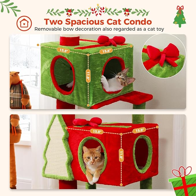 PETEPELA Floor to Ceiling Christmas Cat Tree, Tall Cat Tower (Adjustable Height 90.9-107.8 in) with 2 Large Condos, Scratching Posts & Detachable Cat Toys for Large Adult Cats, Red/Green