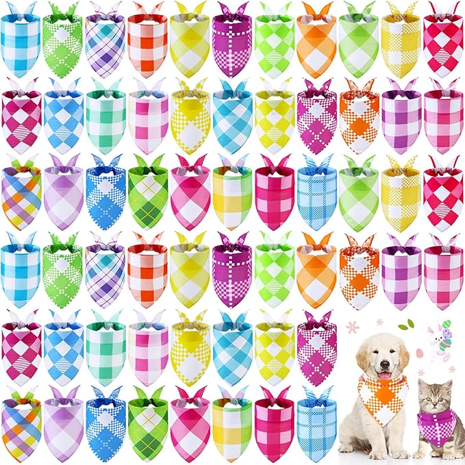 Sweetude 60 Pcs Easter Plaid Dog Bandanas Bulk Easter Pet Scarf Bibs Adjustable Washable Kerchief Holiday Pet Costume Accessories Grooming Supplies for Small to Large Cats Dogs