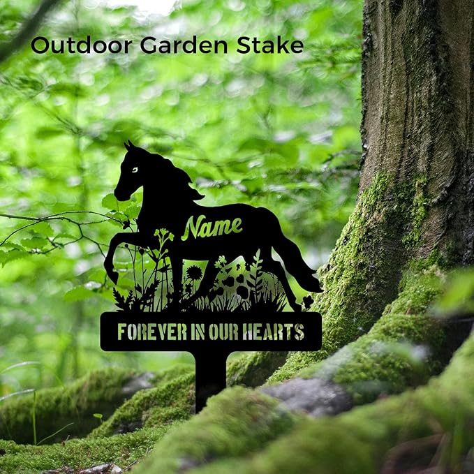 Personalized Horse Grave Marker Custom Memorial Stake, Metal Graveside Sign Tombstone, Memorial Gift, Remembrance Plaque, Horse in Flower Sympathy Sign, Outdoor Garden Decor