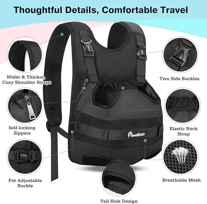 Pawaboo Pet Dog Front Carrier Backpacks, Legs Out Pet Carrier Backpack for Dogs, Adjustable Dog Chest Carriers Purse for Small Medium Dogs Hands Free for Travel Hiking Cycling Camping, M, Black