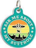 Bad Tags Personalized Dog and Cat ID Tags in 25+ Designs and 2 Sizes - 5 Lines of Custom Engraved Text - Funny Cute Personalized Pet Tags (Ask Me About My Butthole - Teal, Small (1 inch))