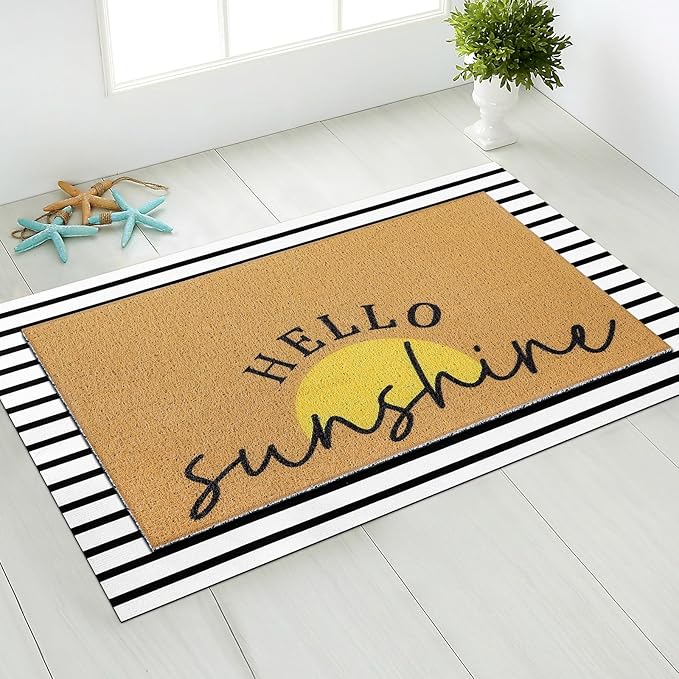 Tinideya 2 Pcs Summer Sunshine Door Mat Yellow Welcome Non Slip Coir Mats Stripe Floor Layering Doormats Seasonal for Front Porch Entryway Decor(Sunshine)