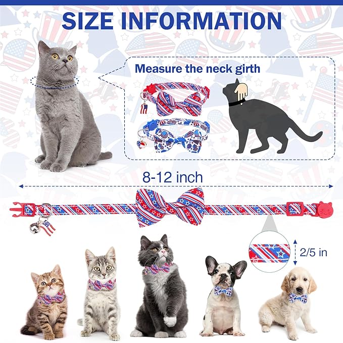 American Flag Cat Collar with Bell Bow Tie Star Breakaway for 4th of July Independence Day, Adjustable Safety Kitten Collars with Removable Bowtie & Charm for Boys Girls Male Female Cats