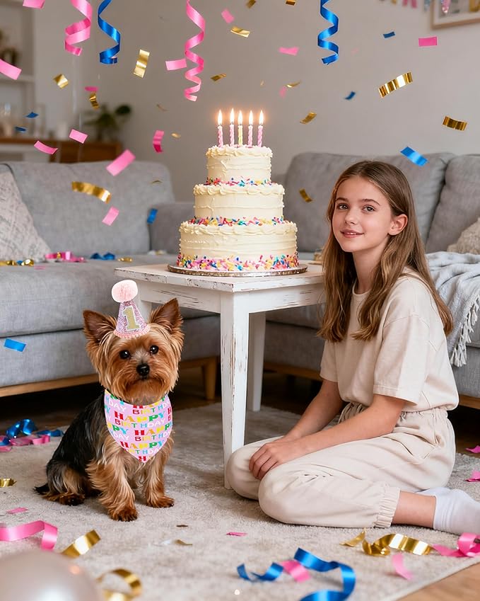 PET SHOW Small Dog Birthday Party Hat for Pets 1-Year-Old Birthday Party Cat Kitten Headband Hats Grooming Accessories Pink Set