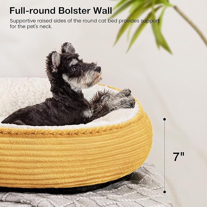 Love's cabin Round Donut Cat and Dog Cushion Bed, 25in Pet Bed for Small or Medium Dogs, Anti-Slip & Water-Resistant Bottom, Soft Durable Fabric Pet Beds, Washable Calming Cat Bed Yellow Stripe