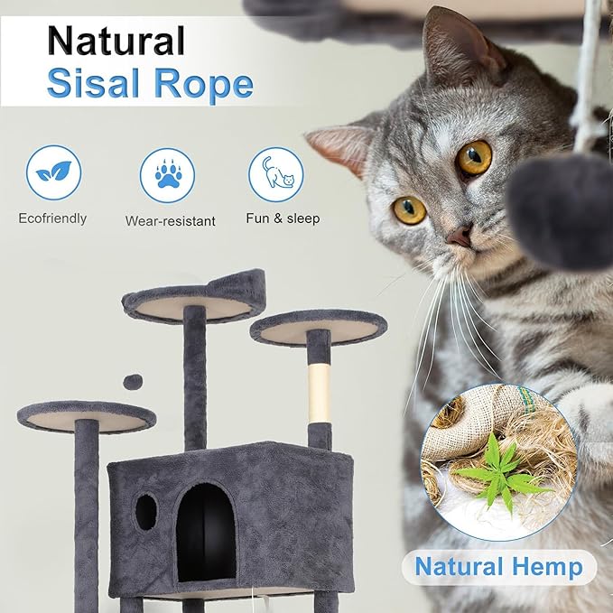 FDW | 81" Cat Tree Tower | Dark Gray | Multi-Level Indoor Activity Center with Sisal Scratching Posts, Condos, Plush Perches, Hanging Cat Toys | Sturdy, Easy to Assemble | for Kittens & Adult Cats