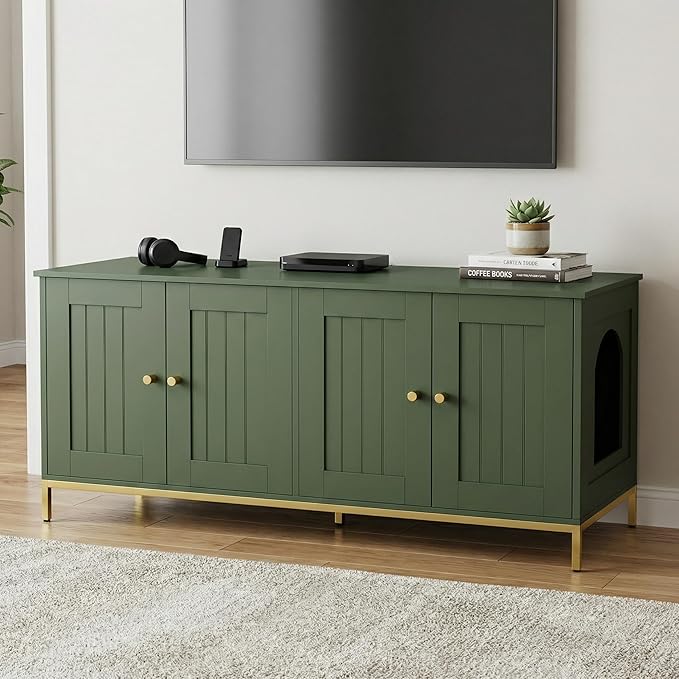 Homhedy Cat Litter Box Enclosure for 2 Cats, Litter Box Furniture Hidden with Double Room, Cat House, 47.2”L x 17.7”W x 21.7”H, Green and Gold