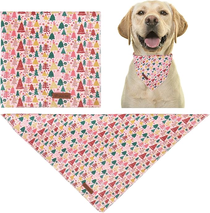 Christmas Dog Bandana–Pink Christmas Tree Triangle Scarf for Small Medium Large Dogs, Soft Cotton Pet Bib for Winter & New Year, Adjustable Dog Kerchief