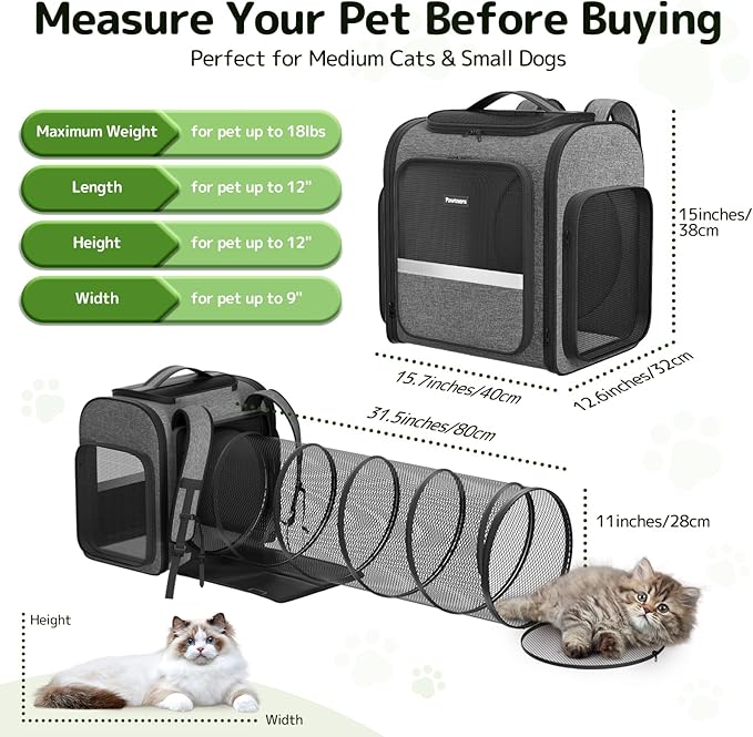 Cat Backpack with Detachable Play Tunnel, 2 in 1 Cat Tunnel Backpack Suitable for Carrying & Playing, Expandable Dog Backpack for Small Medium Kitten Puppy, Suitable for Travel Hiking Camping