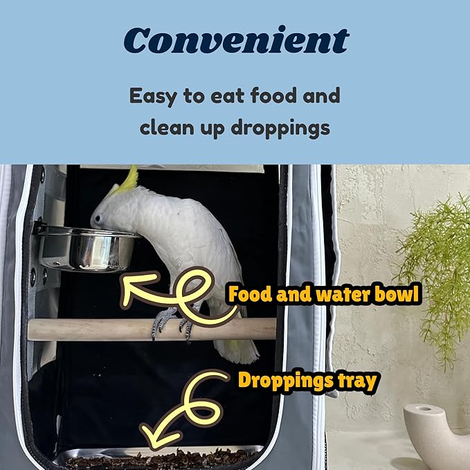 Birds Day Cockatoo Carrier Backpack-Parrot Travel Cage with Wooden Perch and Food Bowl, Stainless Steel Tray (Charcoal Gray, Cockatoo & Similar)