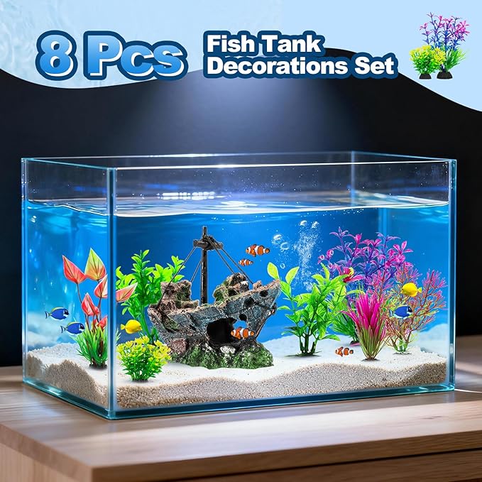 8Pcs Fish Tank Decorations Set Sunken Ship Decoration,Resin Material Fish Tank Accessories Accessories for Natural Look, Aquarium Shipwreck x 1pc, Aquatic Plants x 7pcs