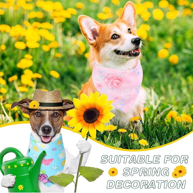 Silkfly 50 Pieces Spring Bandanas for Dog Bulk Adjustable Spring Triangle Scarf with Flower Floral Dog Bandanas Bibs Washable Pet Kerchief for Small Medium Large Pet Cat Costume Accessories Decoration
