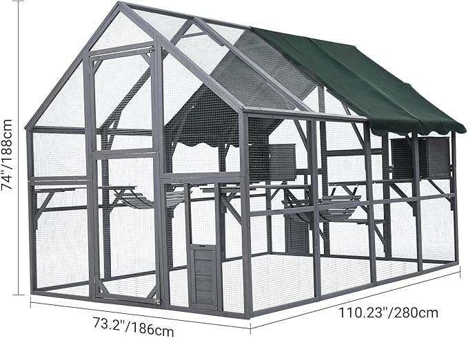 PeakPursuit Extra Large Cat Enclosure,110 Inch Large Catio with Waterproof Roof, Pet Habitat for 57 FT² Space, Outdoor Pet House with 7 Platforms,2 Resting Box and 2 Bridges, for Small Animals Use