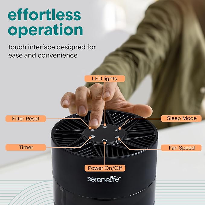 SereneLife Portable Air Purifier - Small Air Purifier with Aroma Box & Ambient Light, High Filtration Efficiency, 2-Speed, Timer & Sleep Mode, Filter Change Reminder, 6 x 6 x 12 in. (Black)