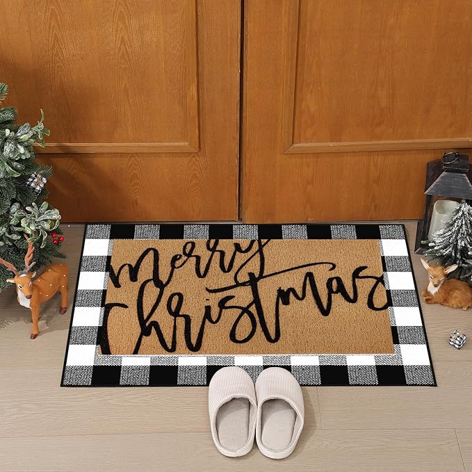 Tinideya 2 Pcs Door Mat Welcome Non Slip Coir Mats Floor Layering Doormats Seasonal for Front Porch Entryway Decor(Merry Christmas)
