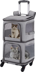 Double Pet Carrier Backpack with Wheels for Small Cats and Dogs, Rolling Cat Travel Carrier, Super Ventilated Design, Ideal for Traveling/Hiking/Camping, Grey