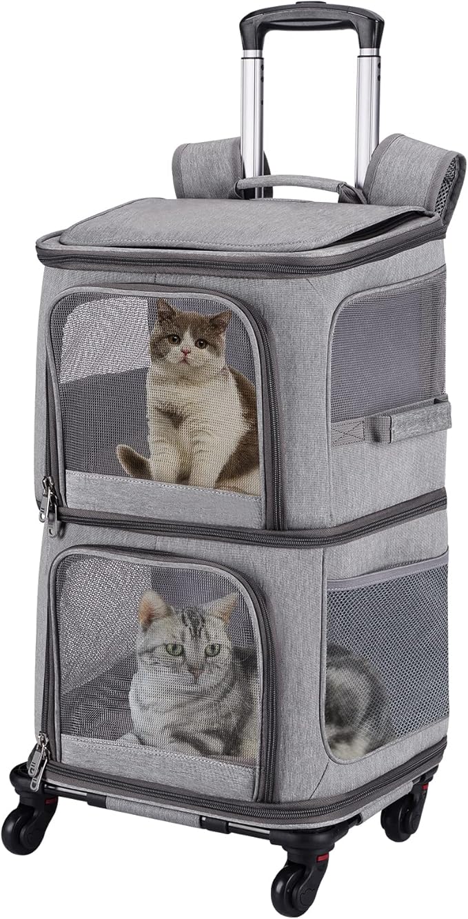 Double Pet Carrier Backpack with Wheels for Small Cats and Dogs, Rolling Cat Travel Carrier, Super Ventilated Design, Ideal for Traveling/Hiking/Camping, Grey
