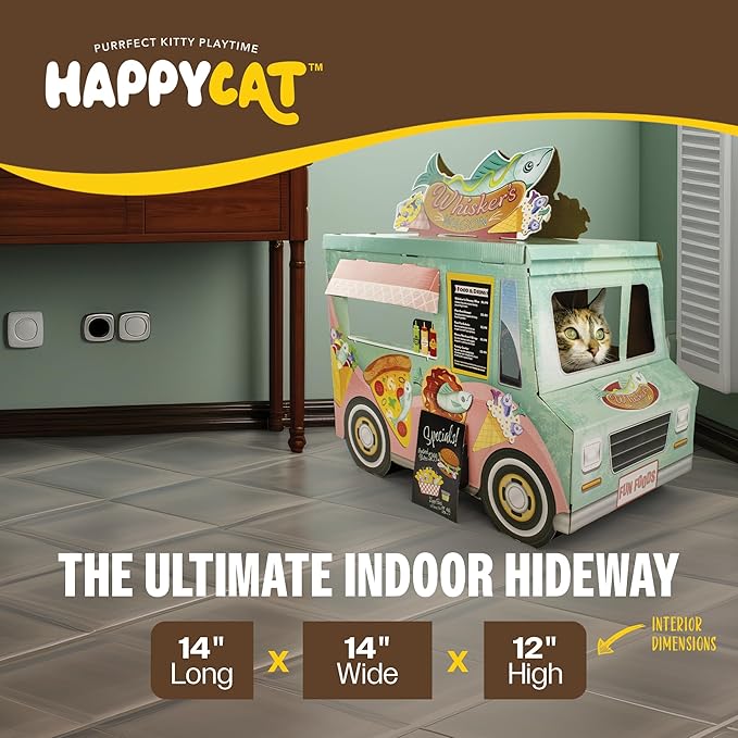 HappyCat Whisker’s Wagon Cat Scratcher House - Vintage Cardboard Cat Playhouse with Scratch Panels & Spacious Hideaway. Cute Pet Toys - Durable Activity Center for Indoor Cats