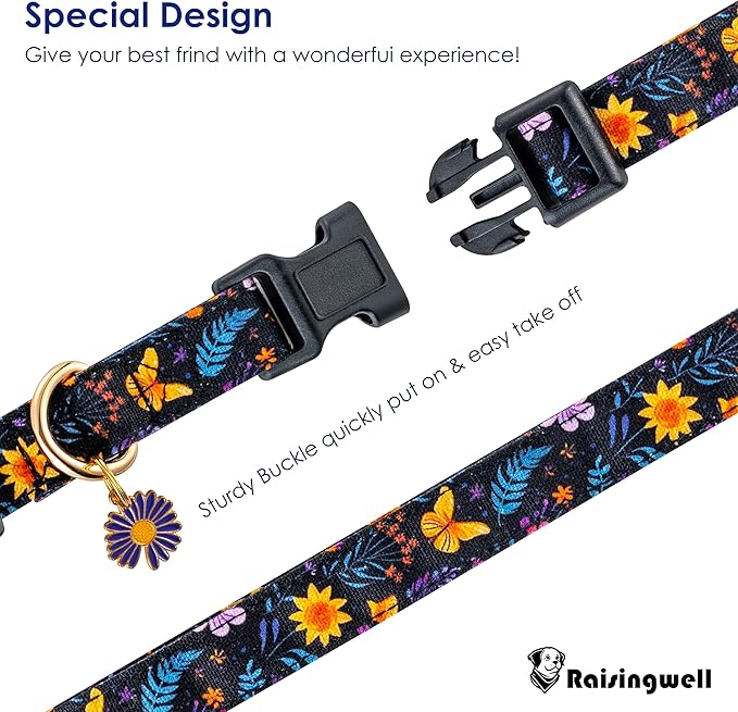 Cotton Dog Collar Purple Flower Pattern for Boys and Girls Cute Dog Collars Summer Fall Gift Adjustable for Medium to X-Large Breed Dogs (L)