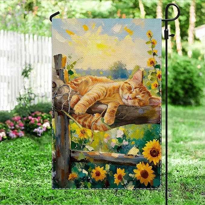 Spring Summer Garden Flag 12x18 inches Double Sided Sleeping Orange Tabby Cat Banner for Porch Yard Patio Spring Summer Home Decorations